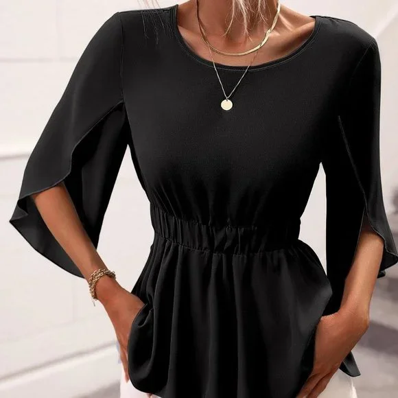 Black Boho Womens Knot Back Split Sleeve Blouse - Picture 1 of 5